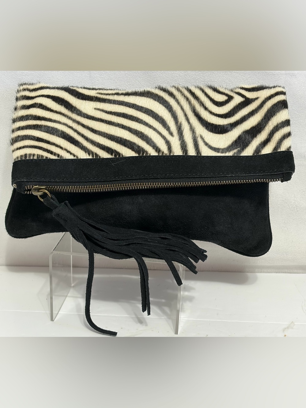 Ann Mashburn Canvas and leather handbag, zebra print design, Vintage